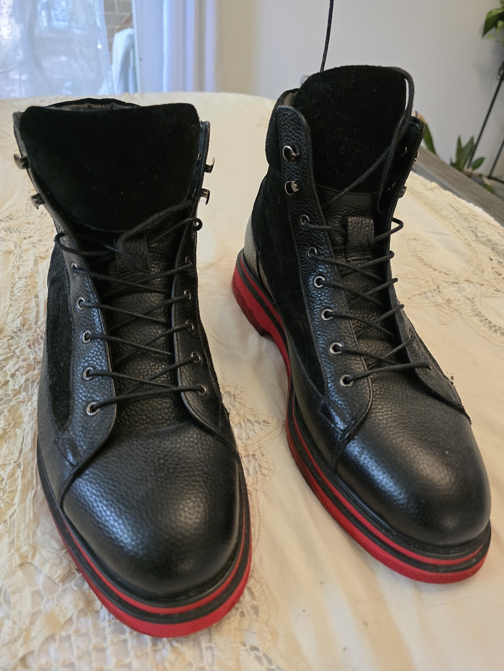 Men's Black Leather Lace-Up Boots with Red Accent Sole